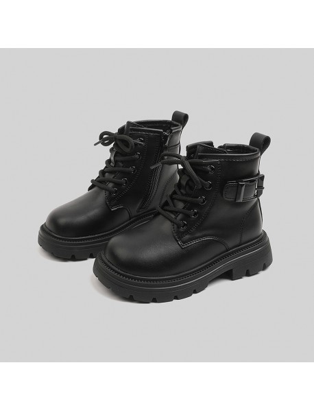 2023 Autumn/Winter New Children's Boots British Style Solid Color Metal Buckle Martin Boots Girls' Anti Slip Black Low Barrel Boots